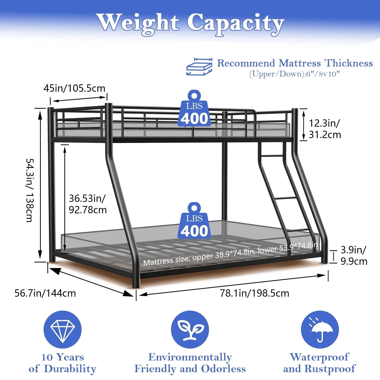 Alvantor Twin over Full Bunk Bed for Kids Teens, Heavy Duty Meta Bed Frame with Guardrail and Ladder Black