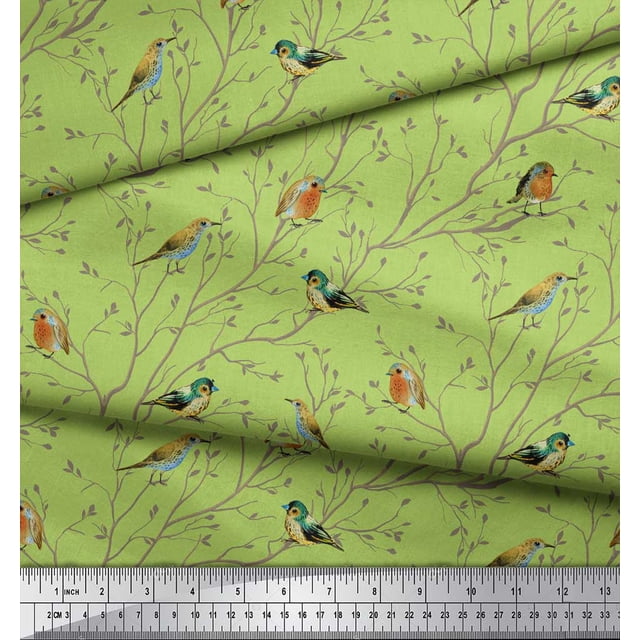 Soimoi Green polyester Crepe Fabric Leaves & Flowerpecker Bird Printed Fabric 1 Yard 42 Inch Wide
