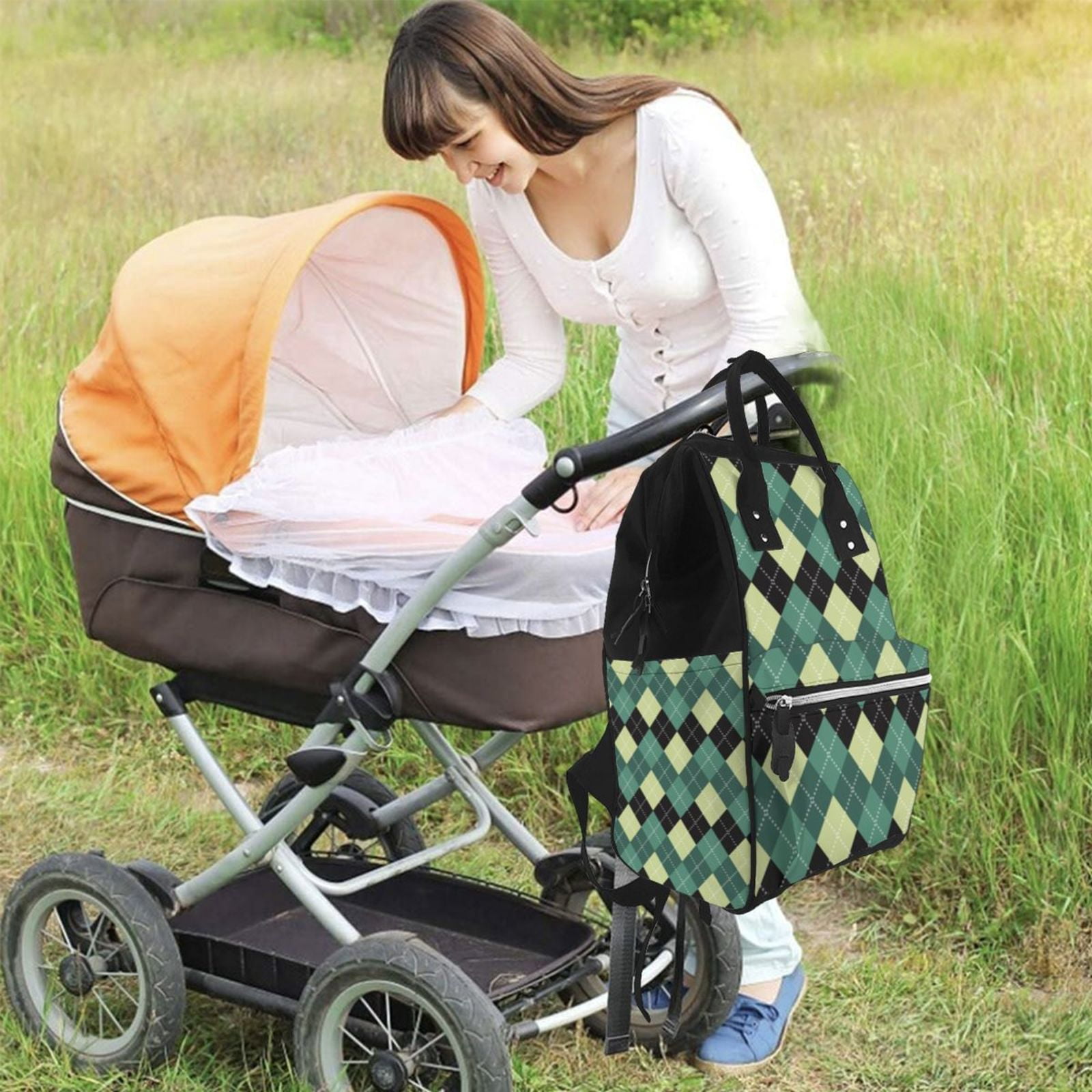 Ratiio Green Squares Mummy Backpack - Waterproof Twill Canvas, Large Capacity Diaper Bag with Multiple Pockets and Adjustable Straps