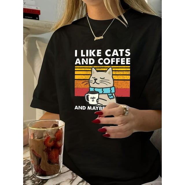 Women'S Vintage Cat & Coffee Print T-Shirt, Polyester 100% Knit Fabric, Crew Neck, Short Sleeve, Regular Length, Geometric Pattern, Summer Casual Tee