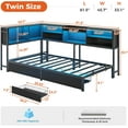 thumbnail image 2 of Aunfebrco Twin Size Daybed with Charging Station and Led Lights, Twin Metal Corner Bed Frame with Bookcase Storage & 2 Drawers, Black Platform Bed Frame for Bedroom Living Room, 2 of 11