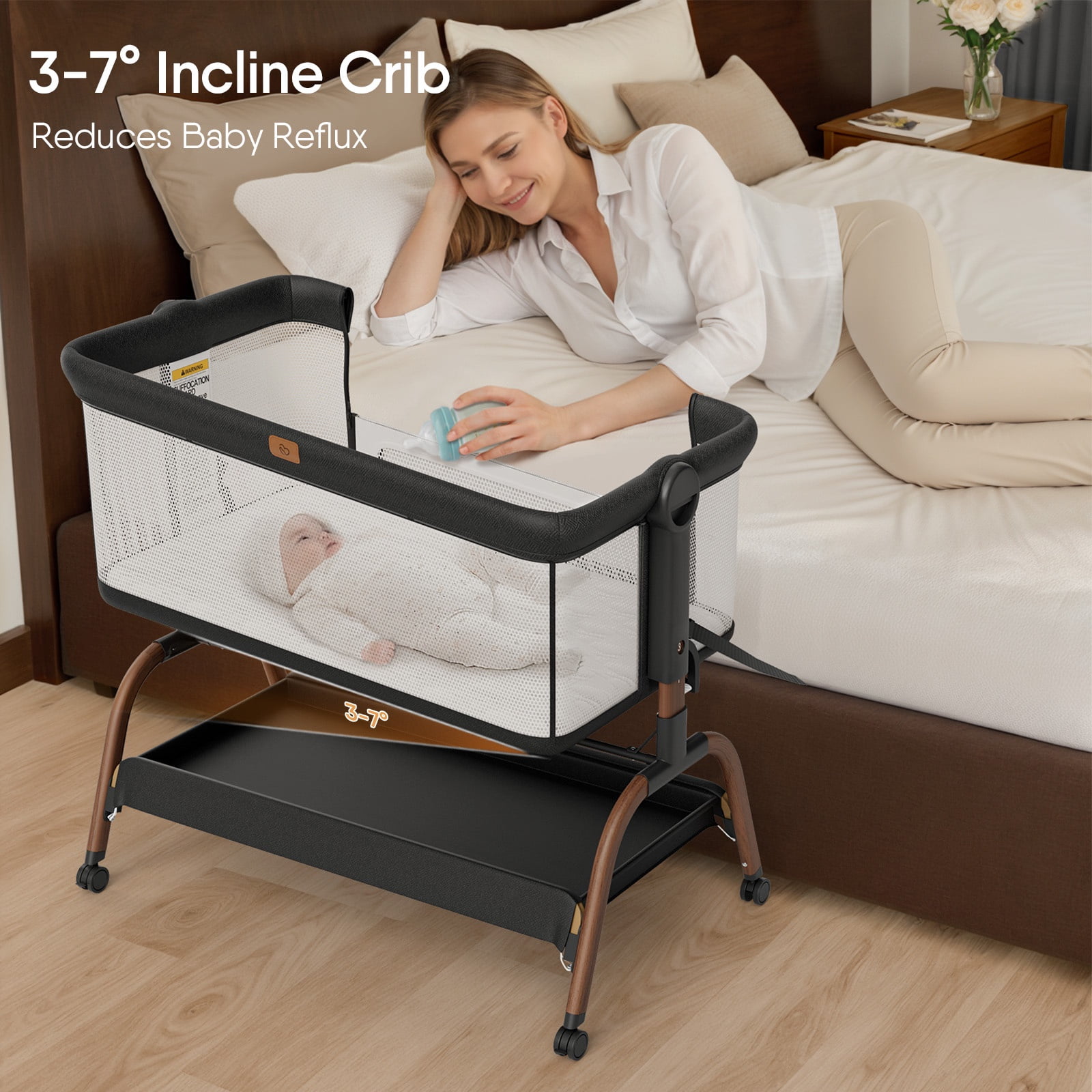 BabyBond Bassinet Bedside Crib, 3-in-1 Baby Bassinet Bedside Sleeper with Mattress and Soft, Breathable Sheet, Full-Mesh Sides, 6-Height Adjustable, Stable and Secure Crib for Newborns,Black