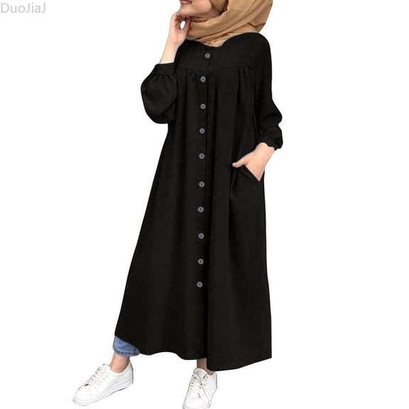 DuoJiaJ Womens Casual Dress, Crew Neck Button Front Swing Long Sleeve Dresses Black S-2XL
