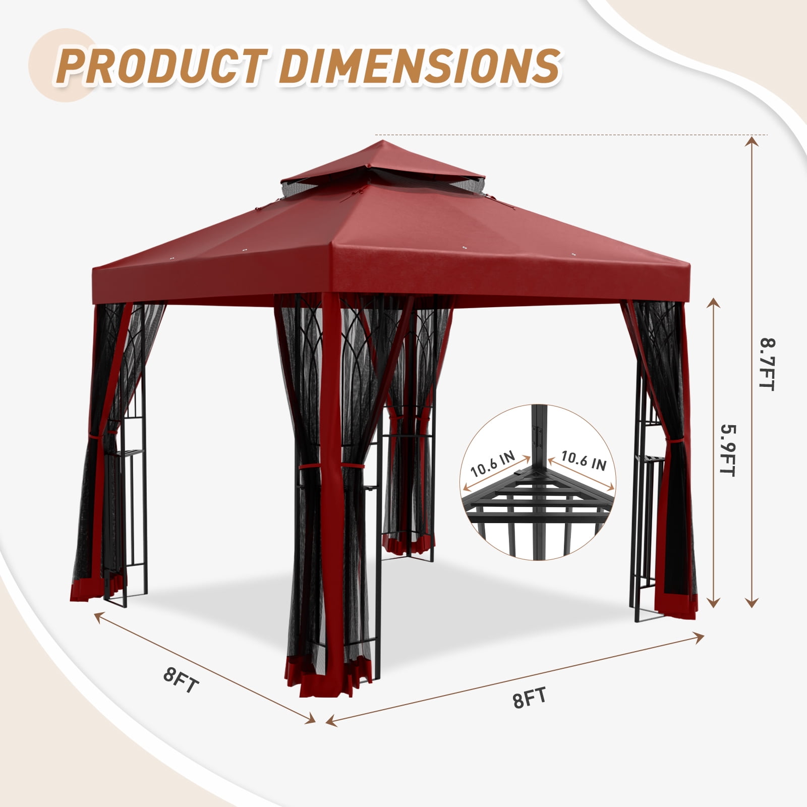 INTER HUT 8x8 Metal Patio Double Soft Roof Gazebo Outdoor Canopy Tent with Netting, Ceiling Hook, Shelves
