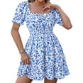 thumbnail image 5 of Square Neck Womens Boho Floral Smocked Short Sleeve Ruffle Beach Summer Mini Dress, 5 of 7