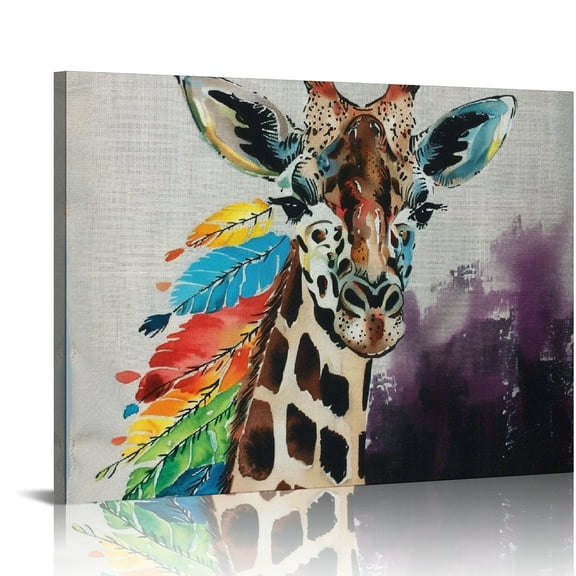 ZFLMY Giraffe Feathers Canvas Wall Decor Art Print for Home Bathroom, Ready To Hang Room Home Decor 16x12in