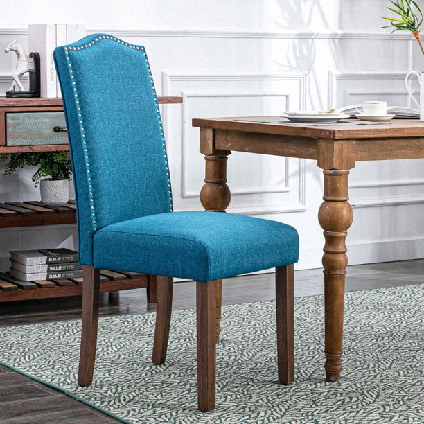 Snugway Dining Chair Blue Upholstered Parson Chair with Nailhead Trim