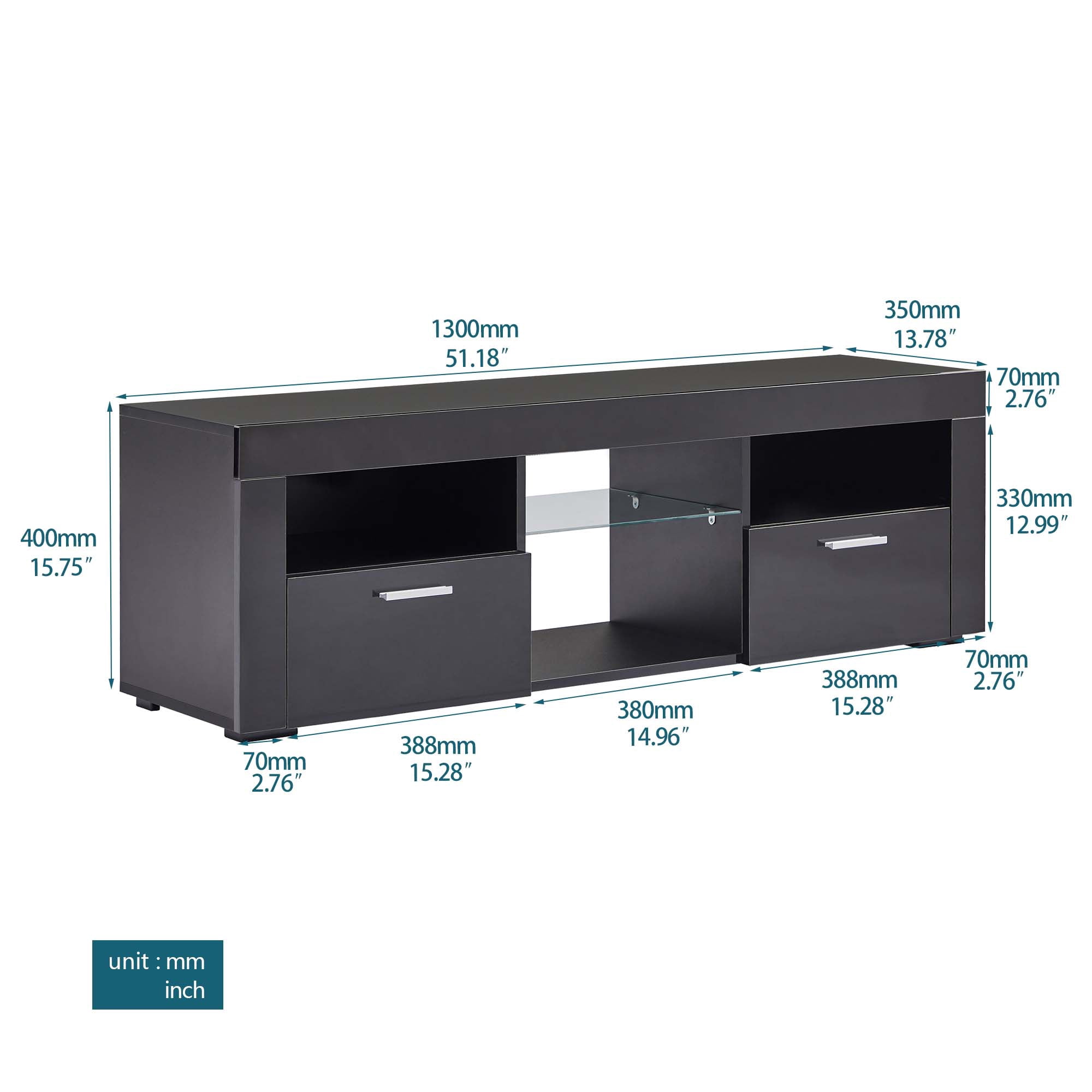 Aukfa Modern LED TV Stand for 55 inch TV, High Gloss TV Cabinet for Living Room - Black