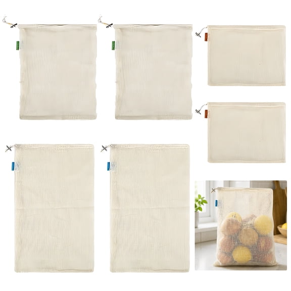 6 Pcs Cotton Mesh Bags, Organic Reusable Produce Bags, Washable Grocery Bags, Drawstring Design, Three Size