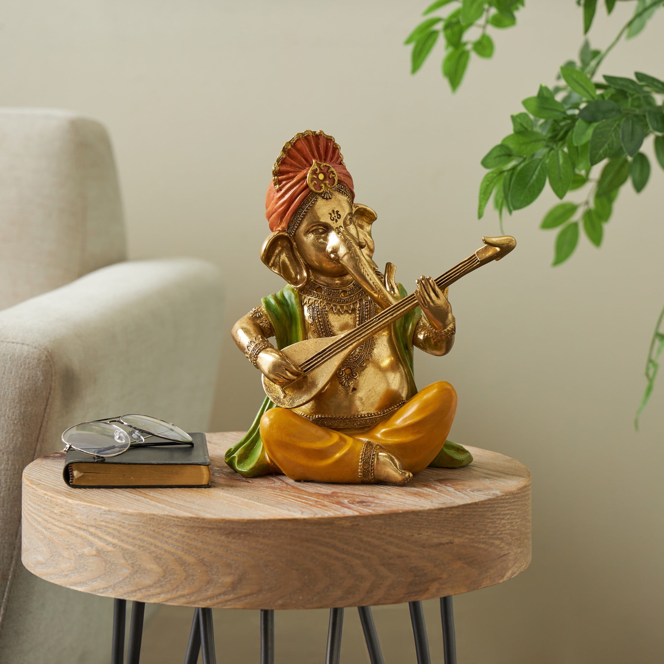 9" x 11" Gold Resin Musician Ganesh Sculpture with Green, Yellow, and Red Accents, by DecMode