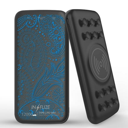 

INFUZE Qi Wireless Portable Charger for Orbic Myra 5G External Battery (12000 mAh 18W Power Delivery USB-C/USB-A Quick Charge 3.0 Ports Suction Cups) with Touchless Tool - Blue Floral