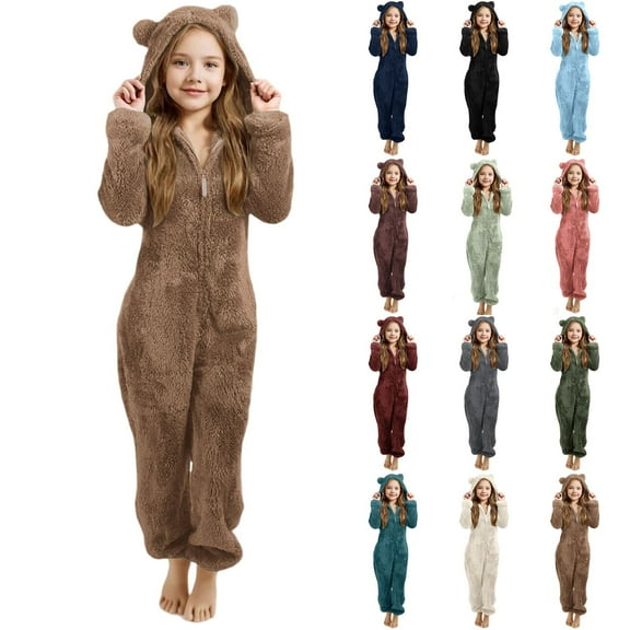 Shadoumai Kids Onesie Pajamas Sherpa Romper Long Sleeve Hooded Jumpsuit Winter Adult Cat Rompers Solid Zipper Fuzzy Sleepwear