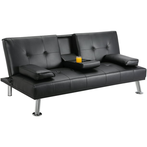 Topeakmart Modern Faux Leather Futon, Sofa Bed Leather Black