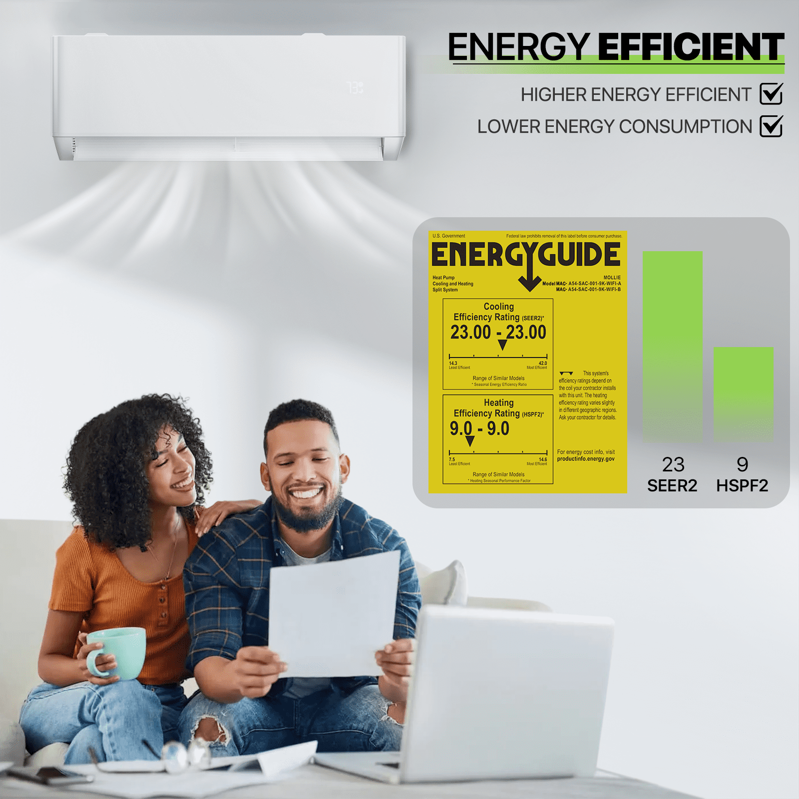 Magshion 9000 BTU 23 SEER2 Ductless Mini-Split Heat Pump Air Conditioner, Cools Up to 400 Sq.Ft., 115V AC Unit with Condenser, 4-in-1 Filter & Remote Control