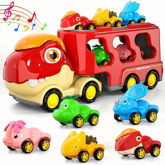 Auto Beyond Kids Dinosaur Truck, Dinosaur Transportation Load Truck with Music, Flashing Lights and Dinosaur Roar, Toddler Toys for Boys 1-5 years old