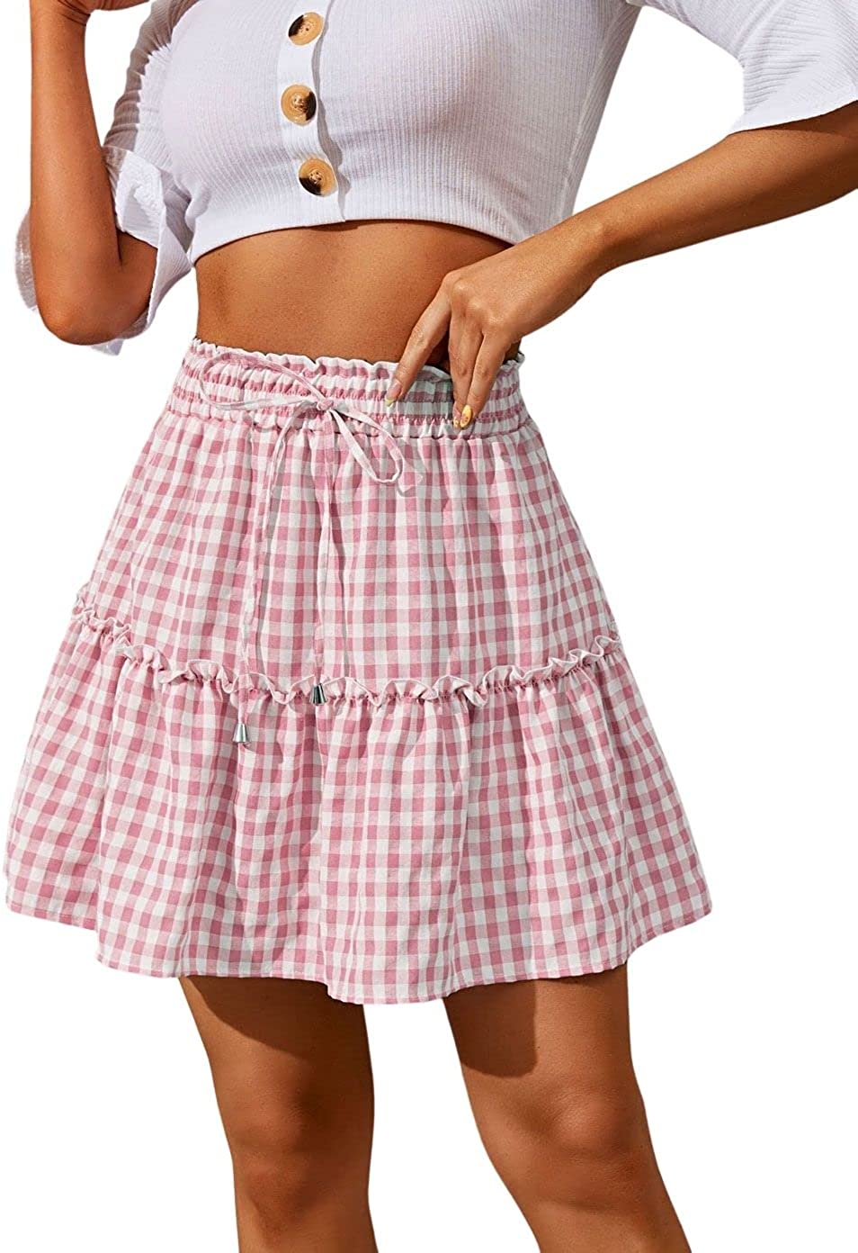PIKADINGNIS Women High Waist Plaid Pleated A Line Mini Skirt Junior