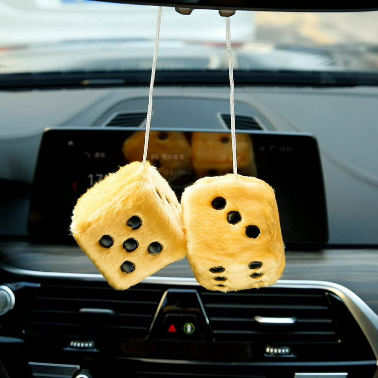 Goodwill Pair of Retro Square Mirror Hanging Couple Fuzzy Plush Dice with  Dots for Car Interior Ornament Decoration (Yellow) 