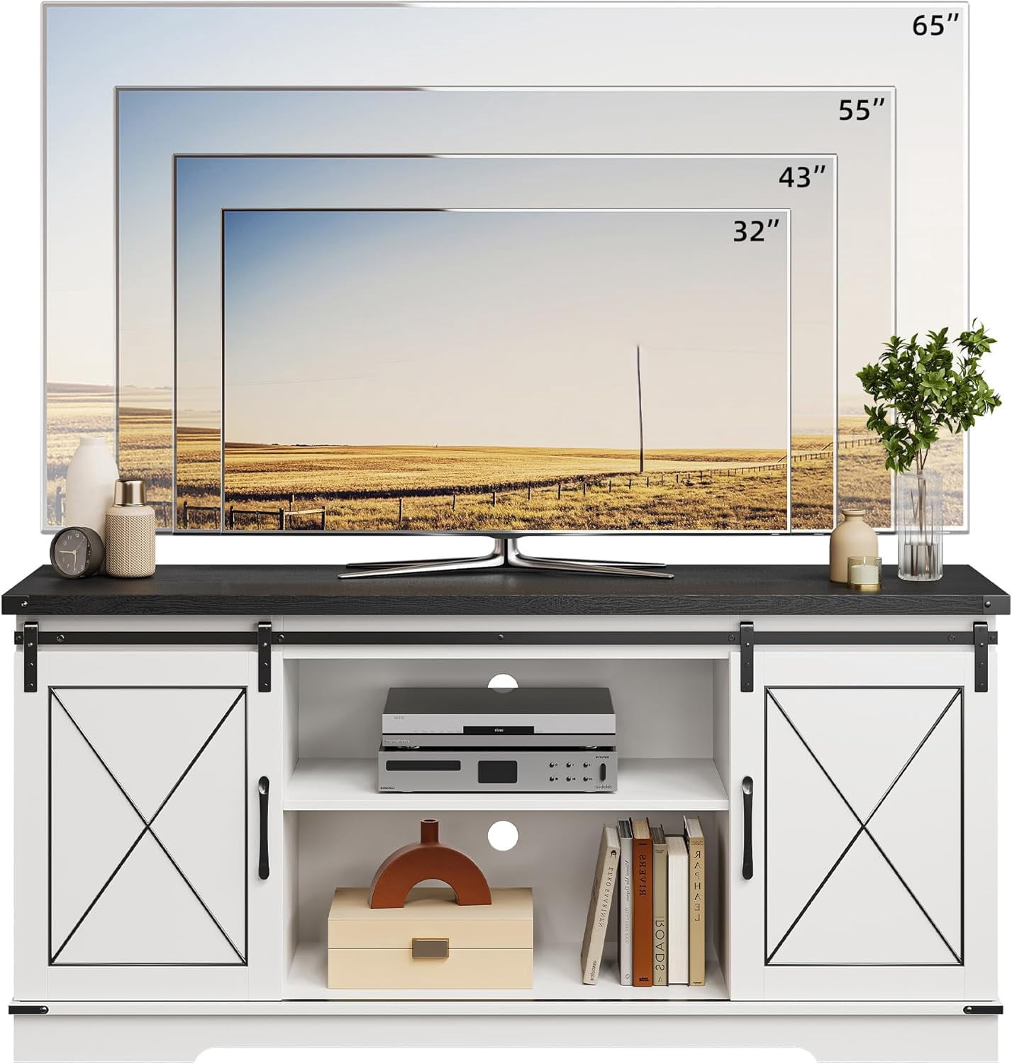 TROPOW Tv Stands for Living Room,Farmhouse TV Stand and Entertainment Center with Sliding Barn Doors and Storage Cabinets, Adjustable Shelf Media Console Storage Cabinet Living Room Furniture,White
