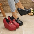 thumbnail image 6 of SACFOF Women’s Leather Slip-on Platform Wedge Heel Dressy Loafers with Metal Hook Loop Retro Round Toe Comfort Arch Support Non-Slip Platform High Heel Pumps Daily Office Walking Shoes, 6 of 6