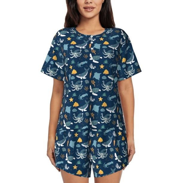 Fotbe Sea Turtle Conjunto de Pijama Estampado para Mujer, 2 Piezas, Ropa de Dormir con Camiseta de Manga Corta y Shorts Suaves-Medium
