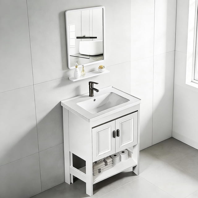 Gabinete de Baño de Lavamanos y Espejo, Armario con 2 Puertas para Baño con Estante, Grifos de Agua Caliente y Fría, Tuberías de Desag, 61 * 40 cm (Negro)
