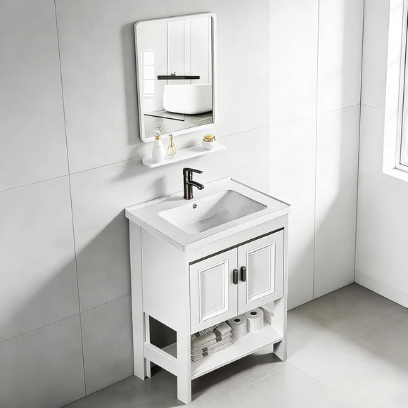 Gabinete de Baño de Lavamanos y Espejo, Armario con 2 Puertas para Baño con Estante, Grifos de Agua Caliente y Fría, Tuberías de Desag, 61 * 40 cm (Negro)