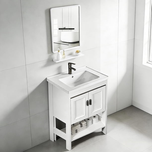 Gabinete de Baño de Lavamanos y Espejo, Armario con 2 Puertas para Baño con Estante, Grifos de Agua Caliente y Fría, Tuberías de Desag, 61 * 40 cm (Negro)