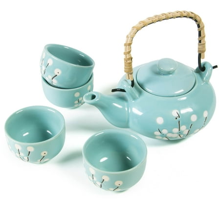 Japanese Teacup Set - CoreLife Japanese Tea Set, Artisanal Handmade Ceramic Teapot and Cups Set (4 Cups + Teapot with Handle) - Teal White Flower Cherry Blossom Design