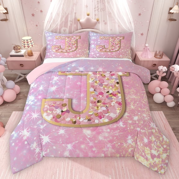 Feelyou Chic Pink Monogrammed J Bedding Comforter Set, Glitter Mermaid Scale Twin Comforter Sets, Dreamy Princess Cartoon Reversible Bedding Set, Lightweight Room Decor, 2pcs