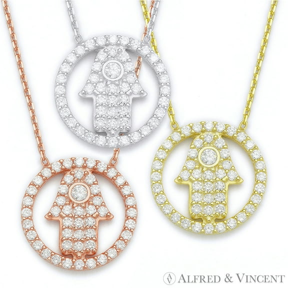Hamsa Hand & Circle Pendant w/ CZ Crystals & Chain Necklace in .925 Sterling Silver
