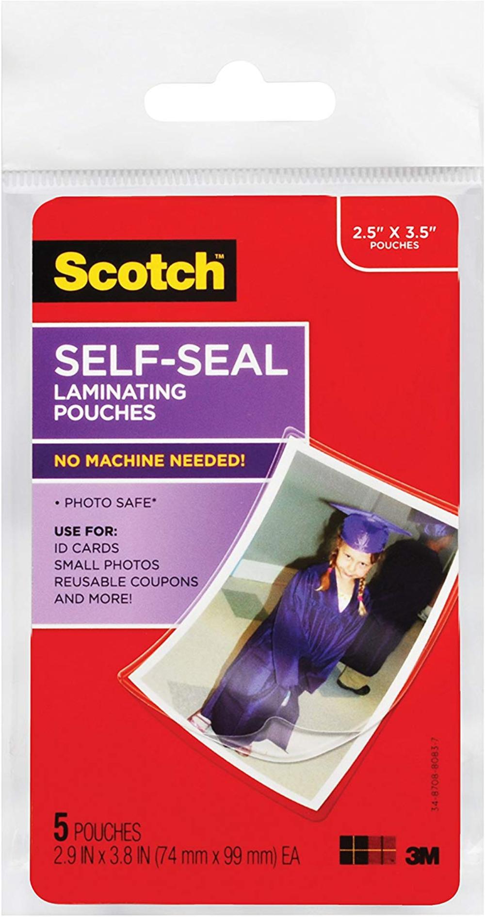 2.5 Inches x 3.5 Inches Gloss Finish 1 Scotch Self-Sealing Laminating Pouches 5 Pouches