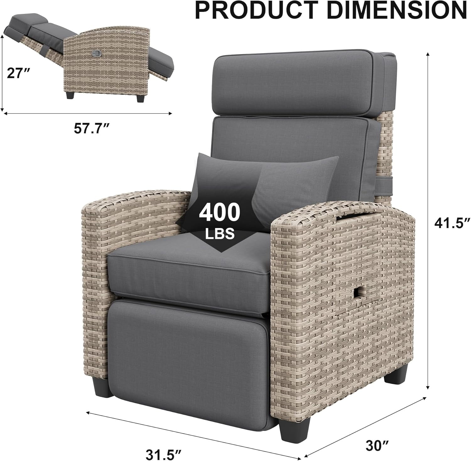 IdealHouse Reclining Patio Chair with Flip-Up Side Table - 150° Adjustable Backrest & Footrest, All-Weather Wicker Steel Frame, Olefin Cushions