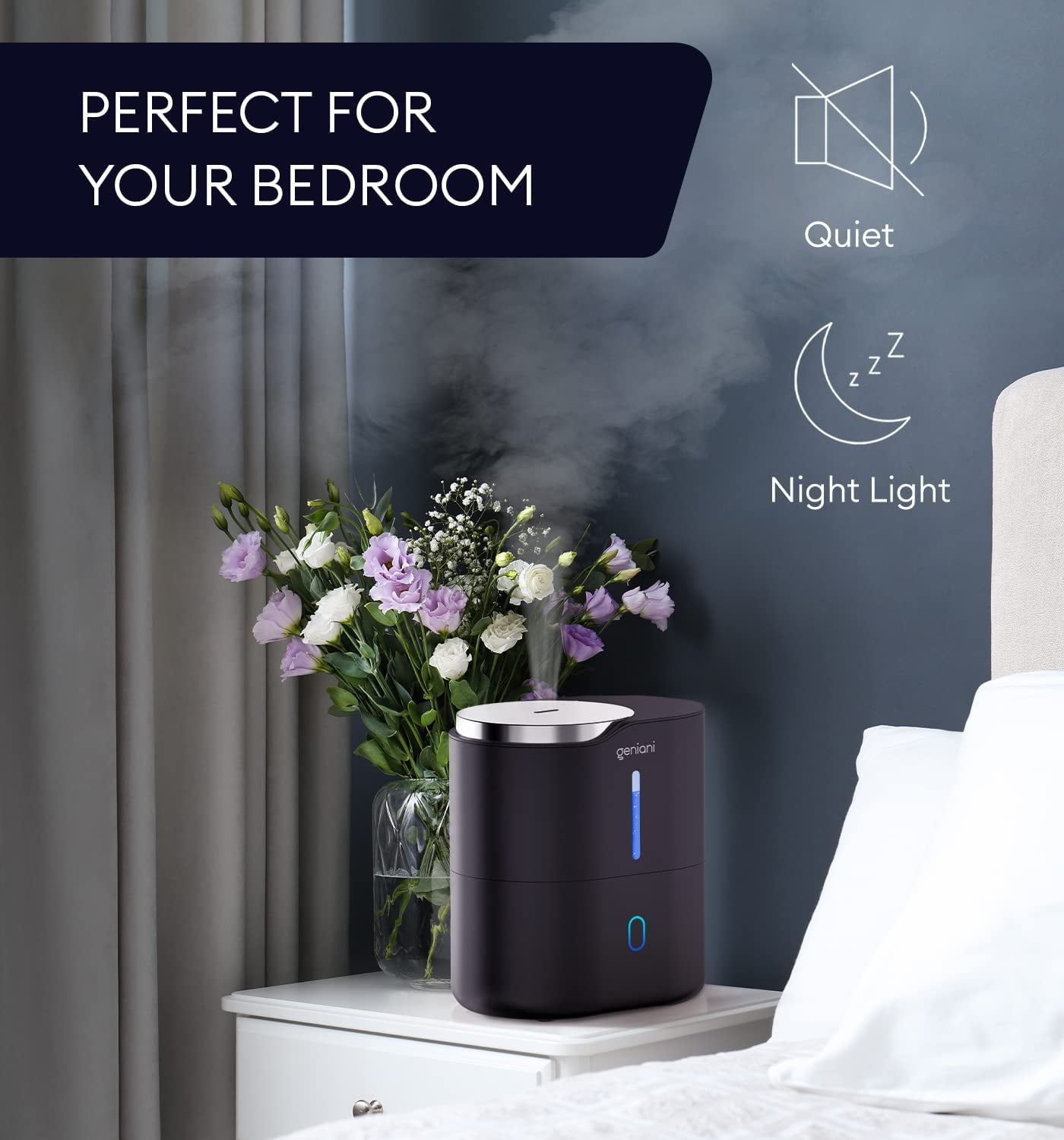 Geniani Top Fill 2L Cool Mist Humidifiers & Essential Oil Diffuser for Home - Smart Aroma Ultrasonic Air Humidifier for Large Room, Bedroom, Baby, Kid - Easy to Clean & Fill, Auto Shut Off, Quiet