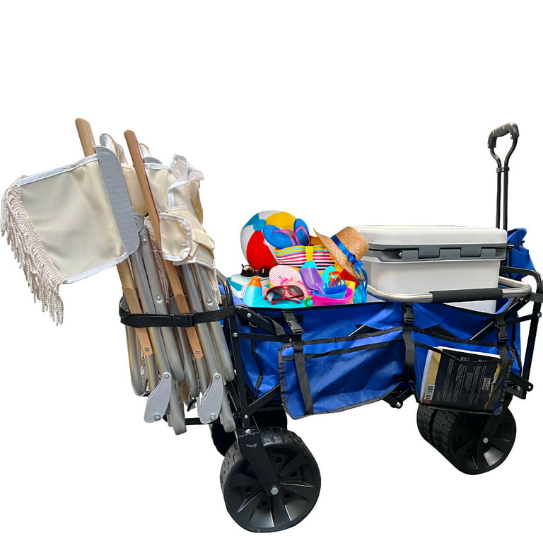 Beach Wagon Folding With Large Sand Wheels Heavy Duty Collapsible Cart with  Patent Pending Beach Chair Holder Great for Ocean, Camping and Fishing –