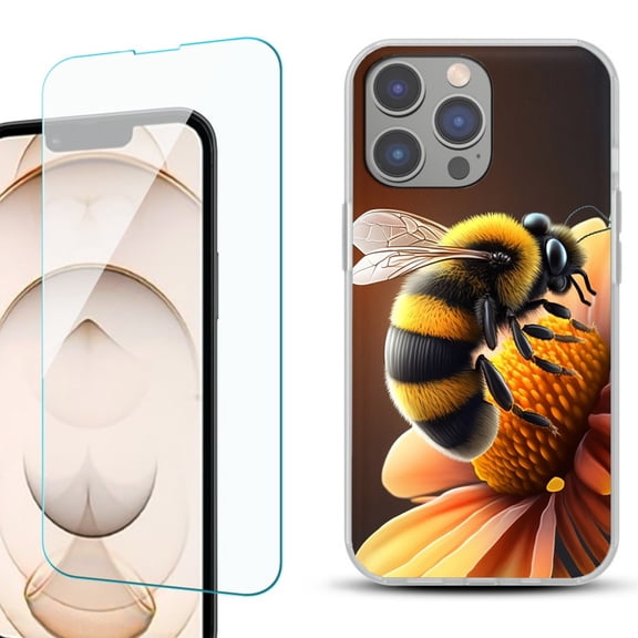 Slim-Fit TPU Phone Case for iPhone 14 Pro, with Tempered Glass Screen Protector, by OneToughShield ® - Bee