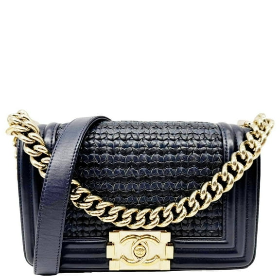 Pre-Owned Chanel Boy Small Braided Leather Shoulder Bag Navy Blue