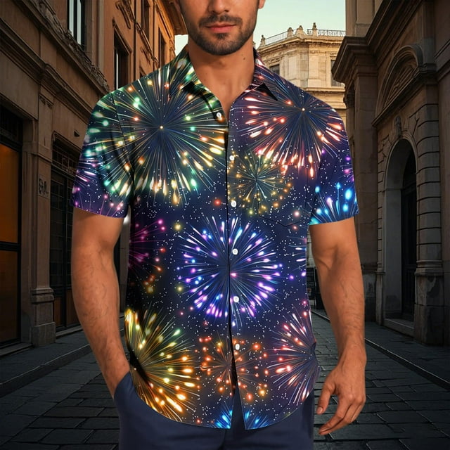 Ceisia Men's Regular Straight Short Sleeve Shirt Carnival Mask & Fireworks Print Spring Summer Shirt Gift
