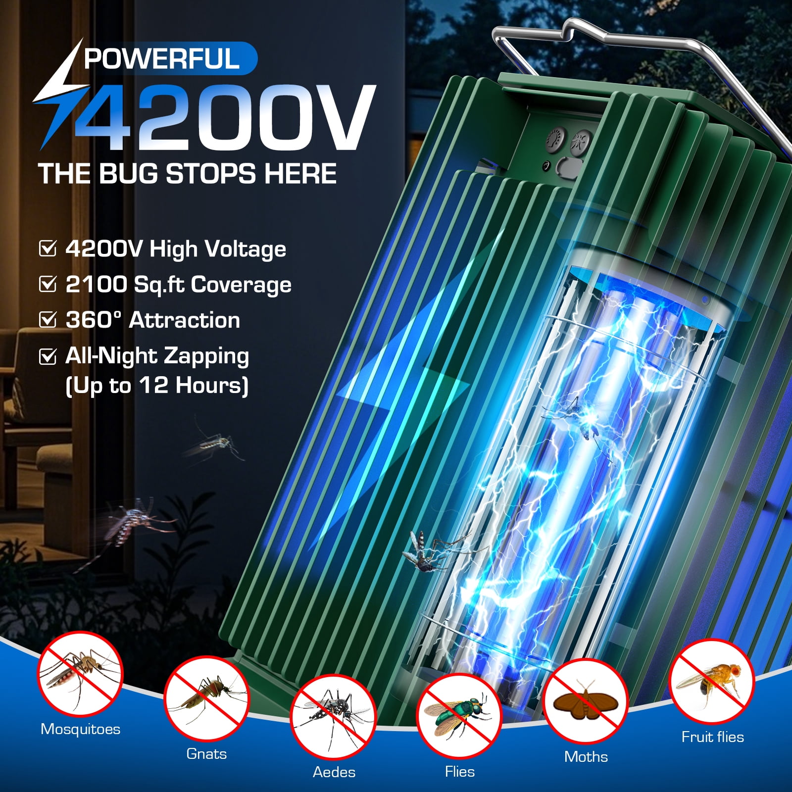 Solar Bug Zapper Outdoor, 4200V Waterproof Electric Mosquito & Fly Killer Lamp, Insect Trap for Patio & Garden, Green