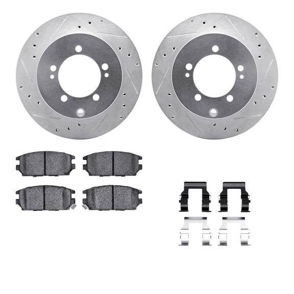 Dynamic Friction Company Rear Brake Rotors-Drilled and Slotted-Silver with 5000 Advanced Brake Pads includes Hardware 7512-72052