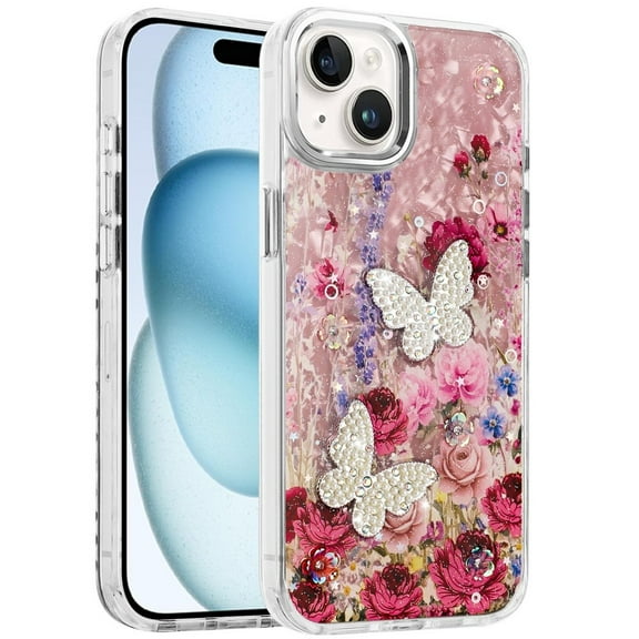 XPM for Apple iPhone 11 Phone Case, Epoxy Glitter Flowers Bling 3D Butterfly Fashion TPU Hybrid with Shockproof Protection Cover for iPhone 11 (Red)