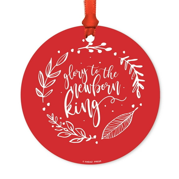 Religious Round Metal Christmas Ornament, Glory to the New Born King, Includes Ribbon and Gift Bag