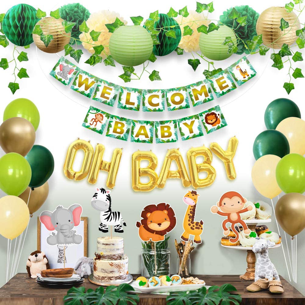 Fork Straw,Knife Jungle Safari Theme Party Supplies Spoon,Invitation Card,Balloons,Cake Topper,Treat Boxes,Banner,Table Cloth 263 Pcs Baby Shower Decorations for Boy Girl with Plate,Napkin,Cup 