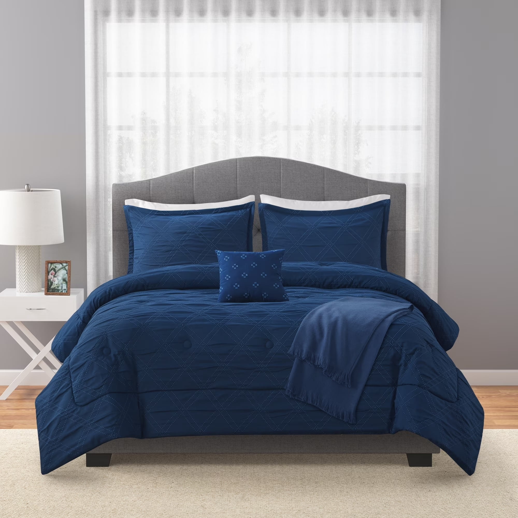 Mainstays 5-Piece Reversible Comforter Set Navy Cross Stitch Bedding with Decor Pillow and Throw, King