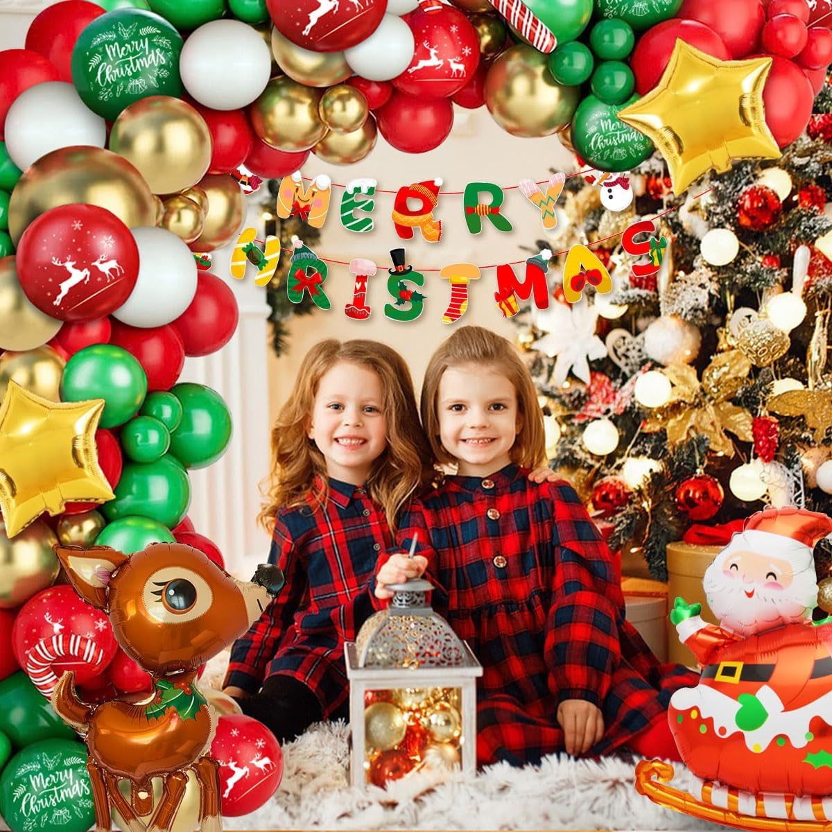 Christmas Balloon Garland, Christmas Balloon Arch with Red Green White Gold Merry Christmas Balloons Xmas Candy Cane Santa Elk Mylar Foil Balloons, Christmas Party Decorations