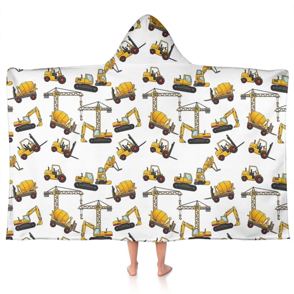 Cartoon Construction Vehicles Forklifts Hooded Bath Towel，50"x30" for Ages 3 To 12 Kids, Quick Dry Lightweight Soft Microfiber Hood Beach Towel Cover Up for Kids