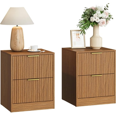 Fluted Nightstand Set of 2 Night Stand with 2 Drawers Light Walnut丨Modern Bedside Table with Metal Curved Handle Wood Multi-Use End Table for Bedroom Sofa Side Office