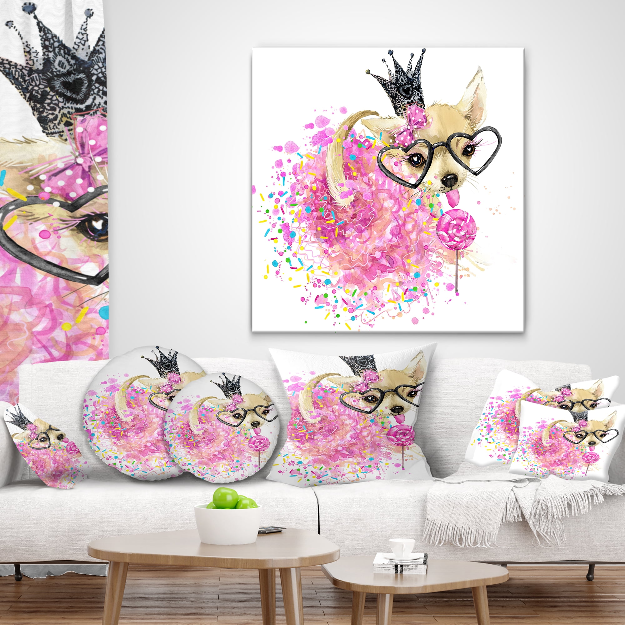 Designart Cute Dog with Crown and Glasses - Contemporary Animal Throw Pillow - 18x18