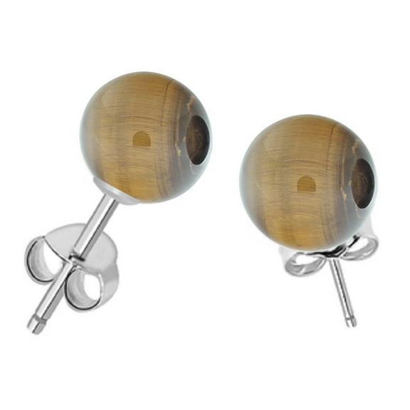 V3 Jewelry 8MM Tiger-Eye Round Bead Ball Stud Earrings with .925 Sterling Silver for Women's