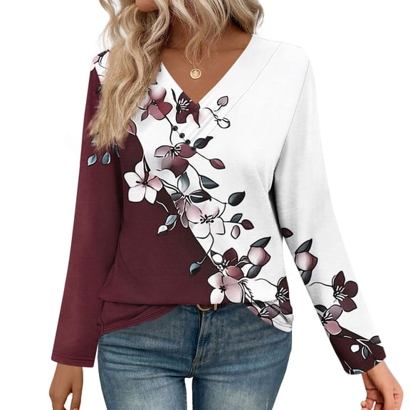Ndbuld Dressy Tops for Women Classic Fit Long Sleeve Shirts V Neck Lightweight Blouses Casual Tunic Womens Tops Wine L