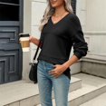 thumbnail image 4 of ManxiVoo Women's V Neck Lightweight Crochet Knit Pullover Long Sleeve Ribbed Casual Sweater Fall Fashion Top S Size Black, 4 of 7